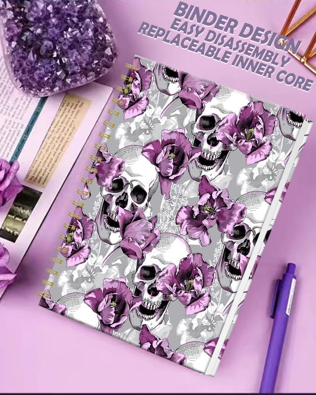 iampanda Spiral Journal Notebook,Strong Twin-Wire Binding with Premium Paper for Women,60 Sheets B5 College Ruled Notebook/Journal,Perfect for School Office Work,Skull Purple Floral