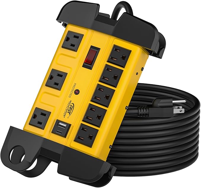 Heavy Duty Surge Protector Power Strip with USB-C Ports, CRST 8-Outlet Metal Industrial Power Block with 15A Circuit Breaker, 15ft Extension Cord, 1350 Joules for Workshop, Garage, Office, Shop…