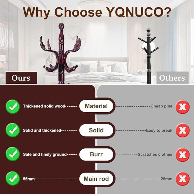 Solid Wood Coat Rack – 72" Freestanding Coat Racks Stand with 14 Hooks & Stable Base, Adjustable Height Modern Wooden Hall Tree for Entryway, Bedroom, Office, Home (Mahogany Phoenix Hook)