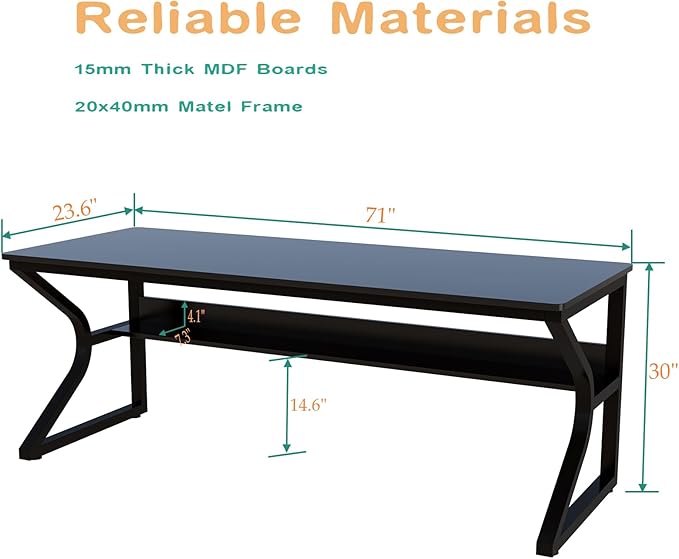 Extra Long Desk with Bookshelf - 71" Double Long Writing Table for 2-Person Workstation, Modern Study Work Computer Desk for Home and Office, Black