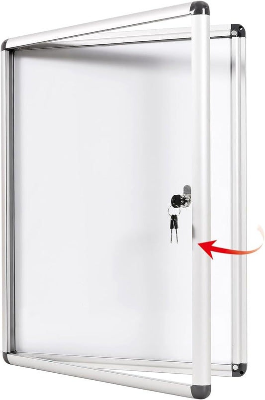 SWANCROWN Enclosed Bulletin Board Dry Erase Noticeboard Lockable Display Boards White with Aluminium Frame 20x14inch(2xA4)
