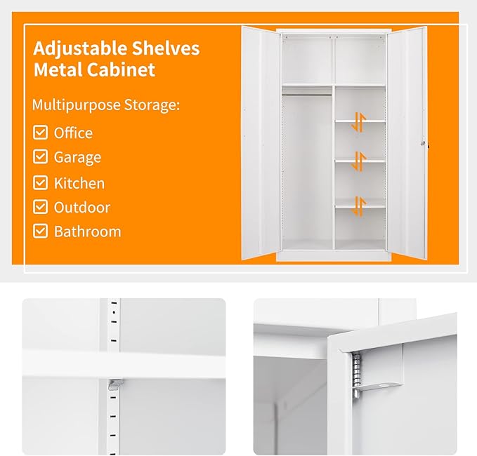 MIIIKO Steel Wardrobe with 2 Doors, White Metal Locker for Storage with Hanging Rod and 4 Shelves, Lockable for Bedroom and Home Office