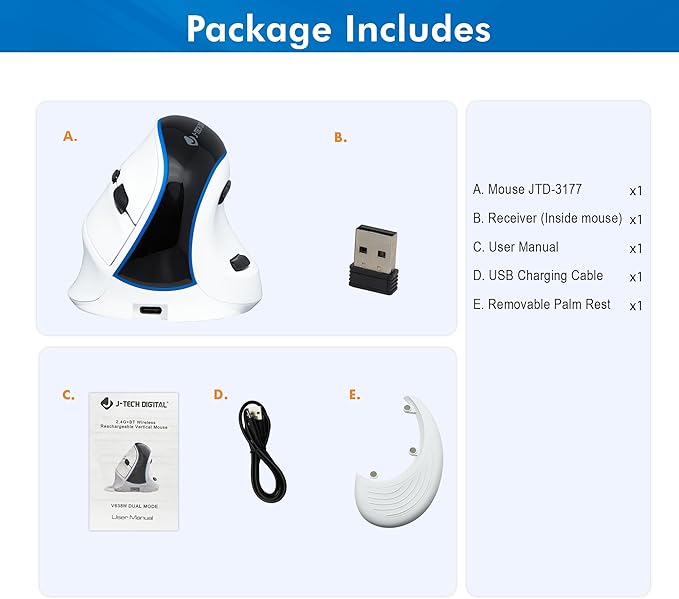 J-Tech Digital Wireless Mouse, Vertical Ergonomic Mouse with Bluetooth Dual Modes + USB Dongle + Rechargeable w/ 2.4GHz Wireless + Adjustable DPI 3200 for Laptop, Desktop, PC, Mac [V638W], White