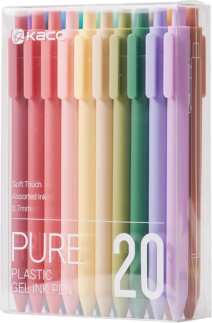 Kaco PURE Gel Pens 20 Assorted Color Ink 0.7mm, Medium Point, Aesthetic Cute Stationery Pens for Journaling Pens