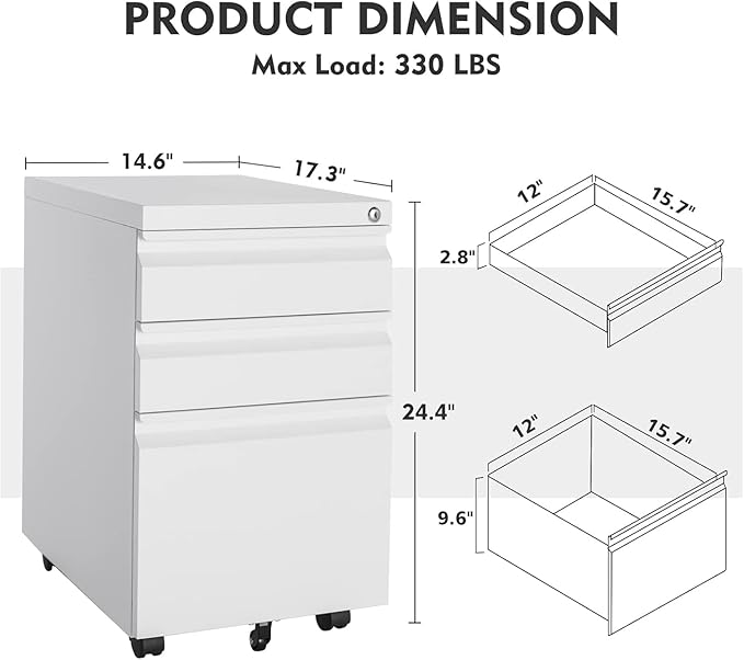 MIIIKO 3 Drawer File Cabinet on Wheels, Home Office Mobile File Drawers Under Desk, Full Assembled White Filing Cabinets with Lock for Legal/Letter/A4 File Folders