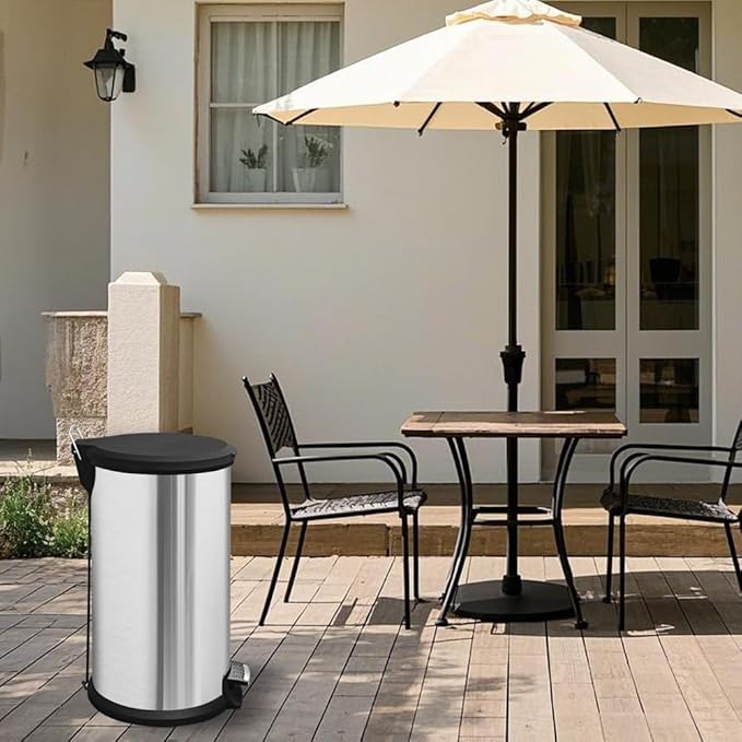 10 Gallon Stainless Steel Trash Can – Round Tall Design, Hands-Free Pedal, Liner-Free with Inner Ring Bag Holder, Rust-Proof for Kitchen, Office, or Bathroom (12.8" x 13.6" x 24")