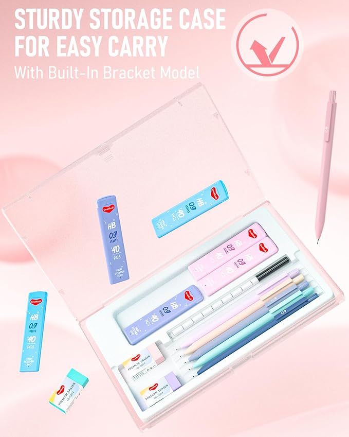 6PCS 0.9mm Mechanical Pencils Set with Case, Cute Pastel Mechanical Pencil with 160PCS HB Lead Refills, 3 Erasers, Aesthetic Back to School Supplies for Student Writing Drawing Sketching