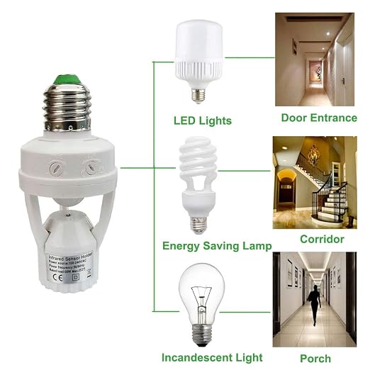 PIR Motion Sensor Light Socket, E26/E27 Smart Lamp Bulb Holder Adapter Auto - Image 5