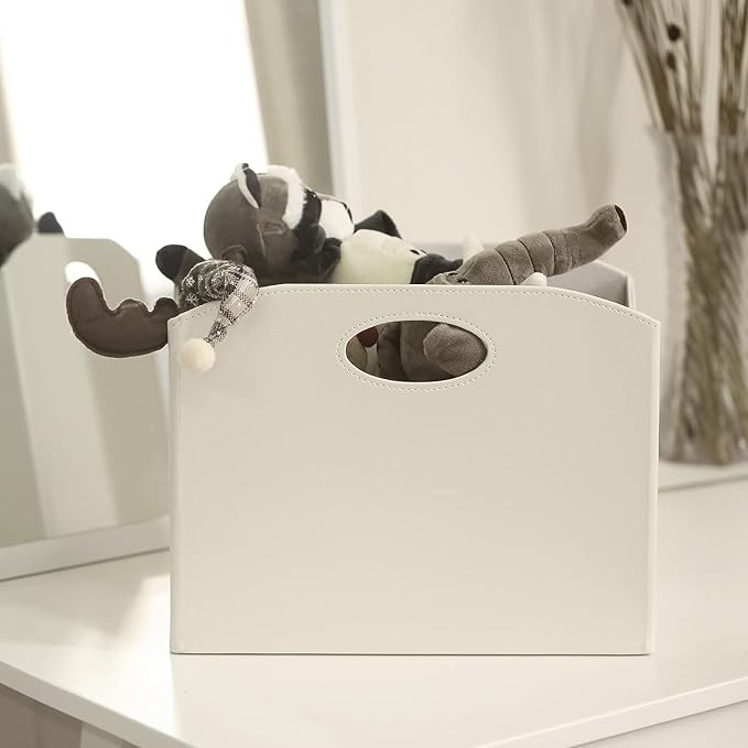 EZDeco Magazine Holder Foldable Magazine Rack Floor PU Leather File Holder Newspaper Book Storage Basket Document File Folder Organizer for Office Home (Off-white-2)