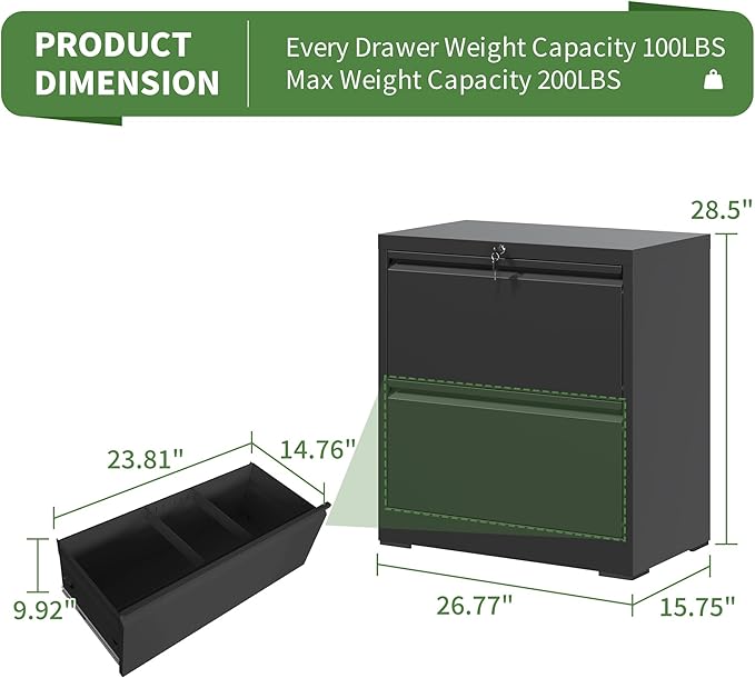 2 Drawer Lateral File Cabinet, Metal Lateral Filing Cabinet for Home Office, Filing Cabinets for Letter/Legal/A4/F4 Hanging Files (Black)