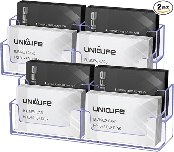 Uniclife 2 Pack Acrylic Business Card Holder for Desk 2 Tiers 4 Slots Clear Business Card Display Stand for Men & Women Desktop Business Card Organizer Card Stand for Office Home, 240 Card Capacity