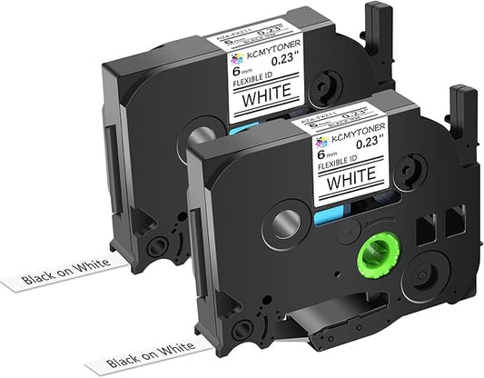 2 Pack 6mm 0.23'' FX211 Laminated Tape Compatible for Ptouch TZ TZe Flexible ID Cable Wires Labels Black on White 1/4" for PTD200 D210 D400 D600 PTH100 H110 PTP300BT PTP700 PTP710BT