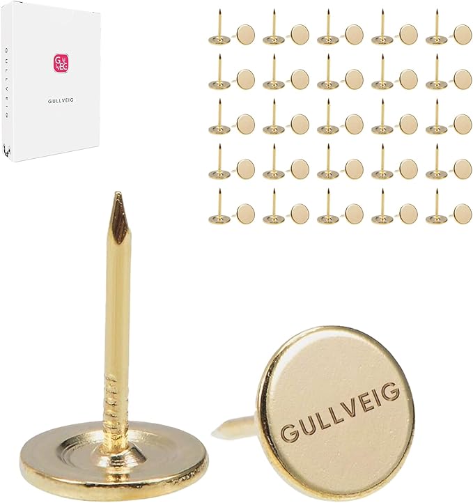 Gullveig Golden Push Pins and Thumb Tacks: Heavy Duty Flat Upholstery, Long Carpet Tacks, and Decorative Nails for Wood and Fabric, 50 Count