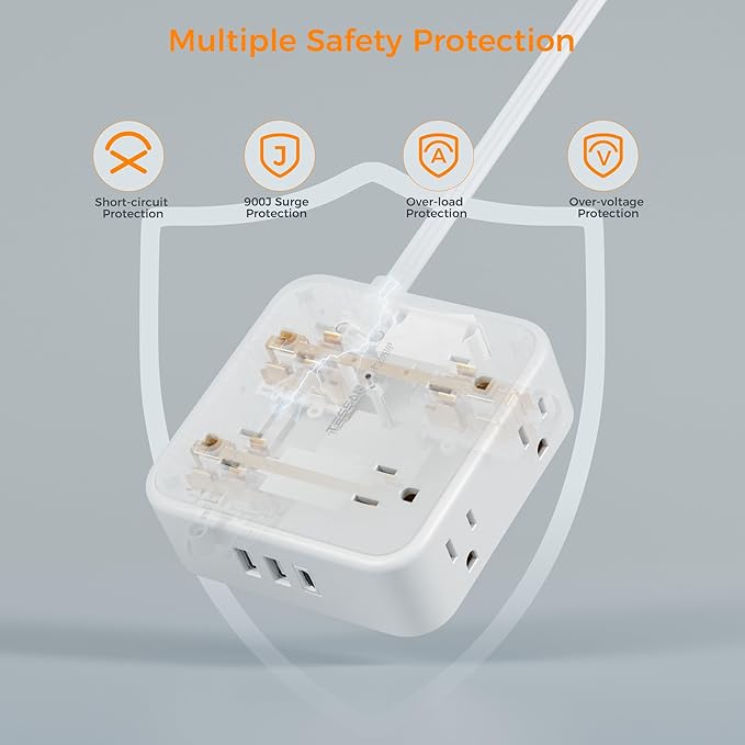 Flat Plug 20 FT Long Extension Cord, TESSAN Ultra Thin Power Strip Surge Protector with 8 AC Outlets, 900J, 3 USB Charger(1 USB C), Multi Port Charging Station for Home, Office, Dorm Room Essentials