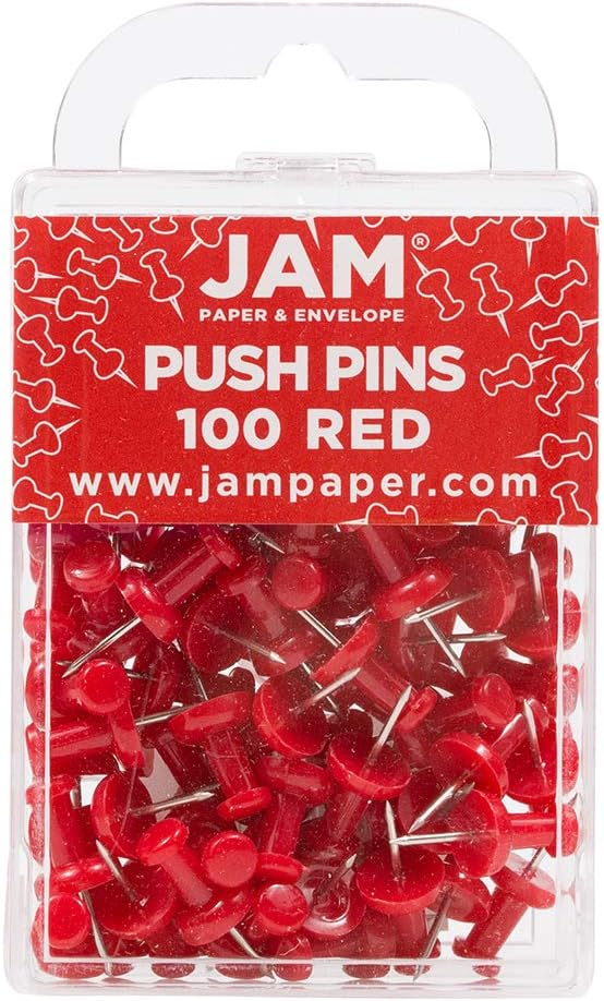 JAM PAPER Colorful Push Pins - Red Pushpins - 100/Pack