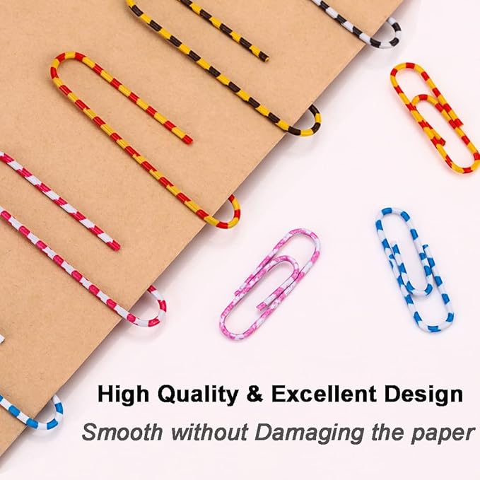 Vinaco Paper Clips Color Stripe, 400PCS Medium & Large (1.3 inch & 2 inch) Paper Clip Assored Size, Durable and Rustproof, Vinyl Coated Paperclips Colorful for Office School Document Organizing