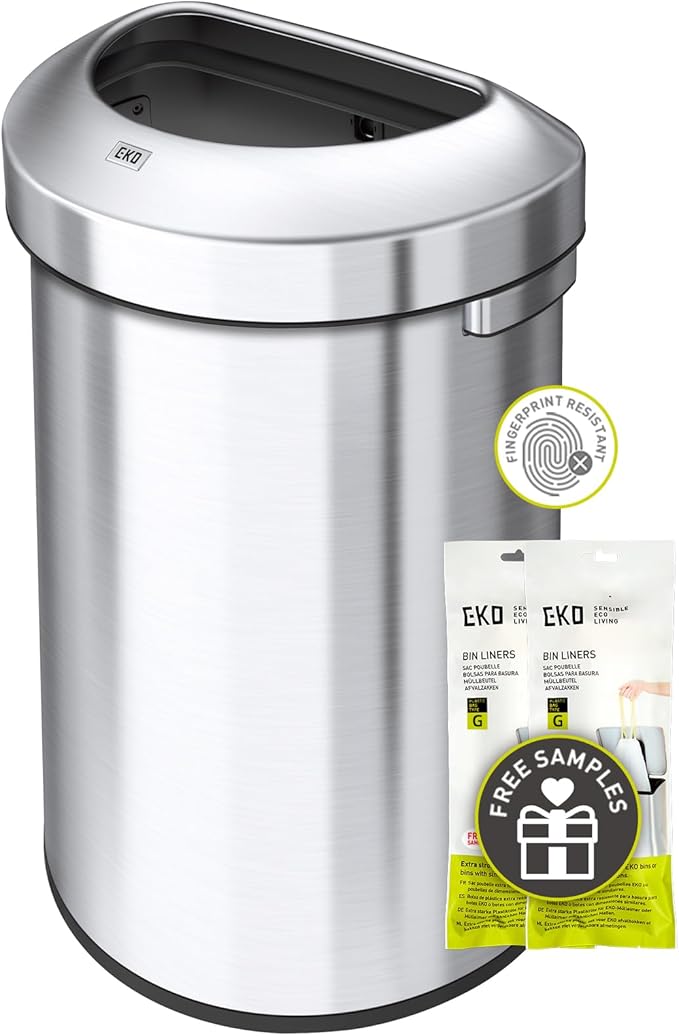 EKO Urban 21 Gallon Semi-Round Open Top Waste Bin, Stainless Steel Half Round Commercial Trash Can for Indoor and Outdoor, Extra Large Metal Garbage Bin for Home, Office, Restaurant, Restroom, 80L