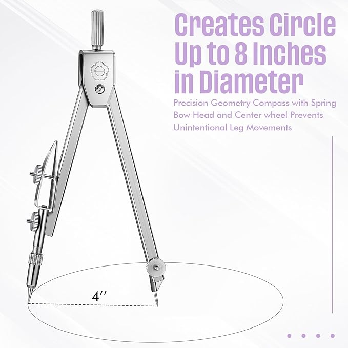 EBOOT Student Geometry Math Set, Drawing Compass and 6 Inch Swing Arm Protractor 180 Degree Math Protractor (Purple)