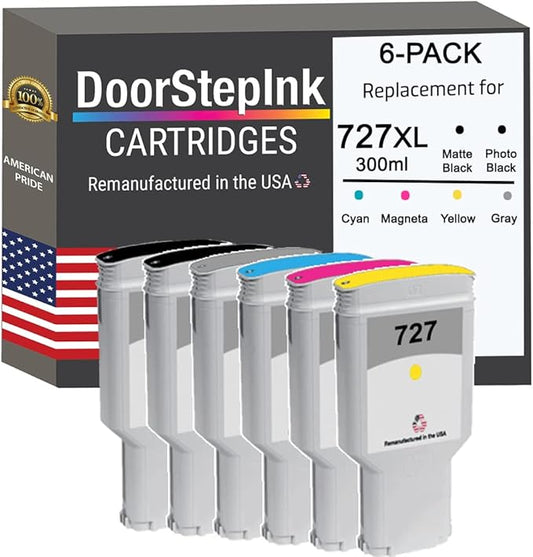 DoorStepInk Remanufactured in The USA Ink Cartridge Replacements for HP 727 300ml 6-PK B C M Y PBK G for Printers DesignJet T1500 T2500 T920 T930