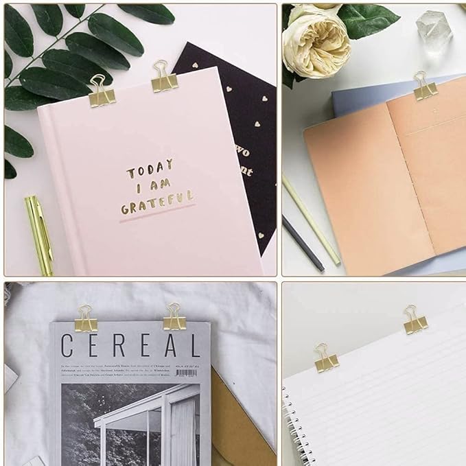 Paper Clips and Binder Clips Set, Metal Assorted Sized Binders with Push Pins, Cute Office Supplies for Desk, Desk Accessories (Gold Set of 3)