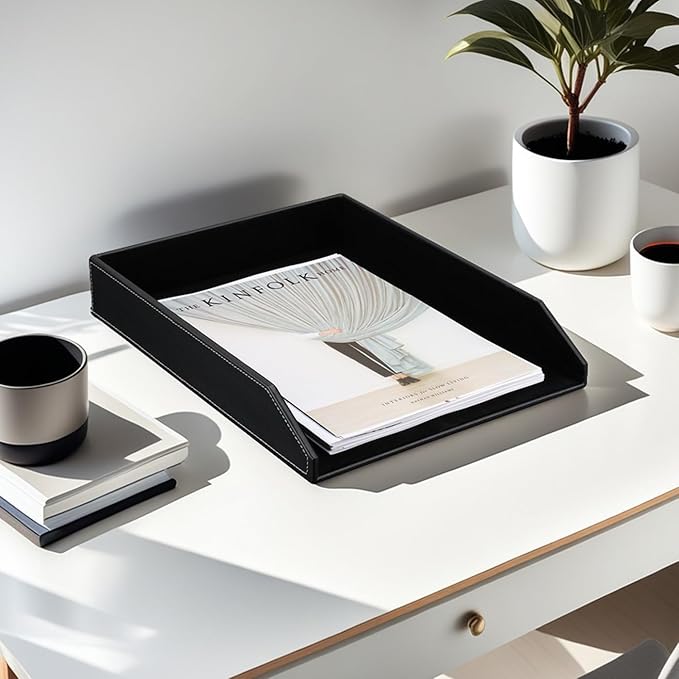 KINGFOM Letter Tray, PU Leather Paper Organizer Tray for Desk, Paper Organizer Storage Holder for Office Home or School A4 Size Black