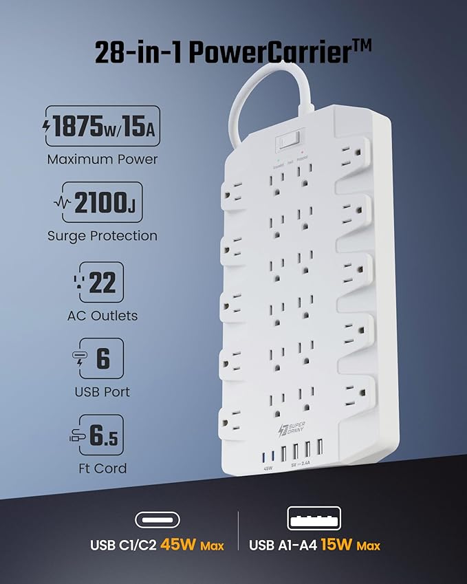 45W Power Strip Surge Protector with PD USB-C, SUPERDANNY 1875W/15A, 2100J, 6.5ft Flat Plug Mountable Extension Cord with 22 Outlet+6 USB Port, Fast Charging for Home,Office,Dorm,Gaming,PC,Streaming