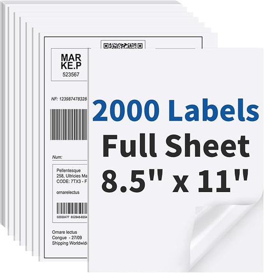 2000 Sheets Sticker Paper Matte White, 8.5" x 11" Label Paper for Laser & Inkjet Printer, Full Sheet Label for Shipping Address Mailing