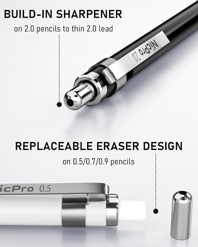 Nicpro 38PCS Art Mechanical Pencils Set in Leather Case, 3 PCS Metal Drafting Pencil 0.5, 0.7, 0.9 mm & 5 PCS 2mm Lead Holder (6B 4B 2B HB 2H 4H Colors) For Sketching Drawing With 20 Tube Lead Refills