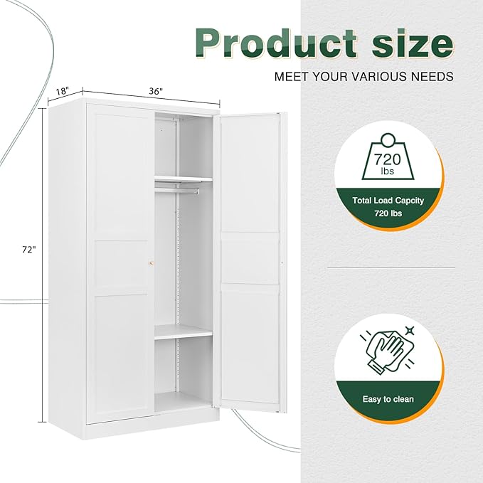 Letaya Wardrobe Armoire Closet,72" H Metal Storage Cabinet with Adjustable Shelves and Hanging Rod,Bedroom Armoire Cabinet Clothes Organizer (White)