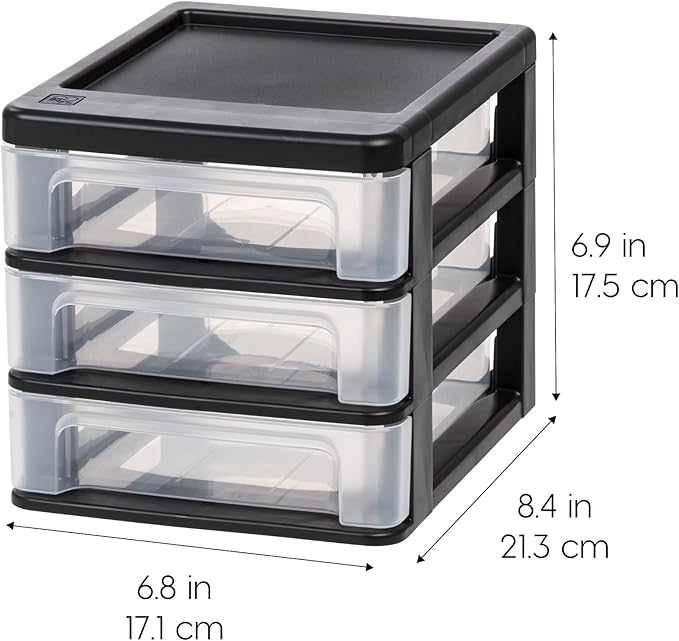 IRIS USA Plastic Stacking Desk Top 3-Drawer Storage Organizer, 4-Pack, for Makeup Vanity Nail Polish Bathroom Stationery Art Craft Supplies Kitchen Office Garage and Small Organization, Small, Black