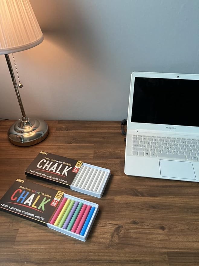 Huntz Dustless Chalk With Microfiber Eraser (Washable & Reusable) (12 White Chalks + 12 Colored Chalks + Eraser)