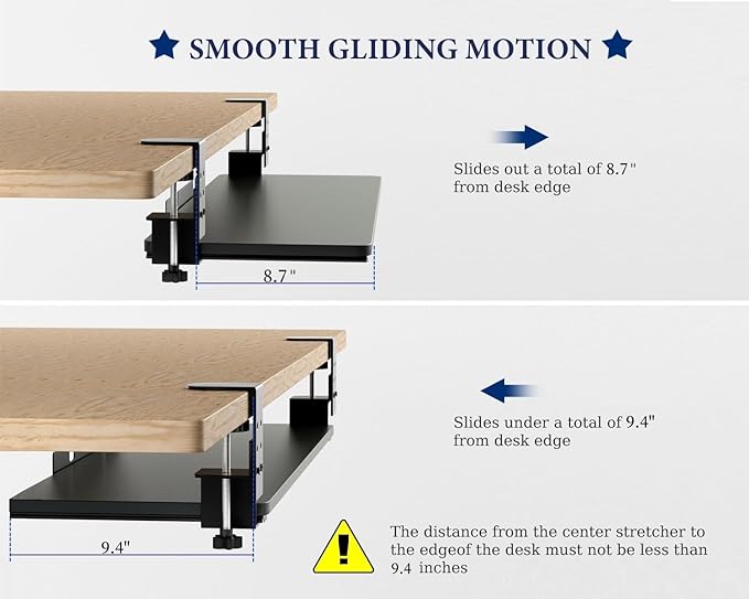 Large Keyboard Tray Under Desk, Adjustable Keyboard Tray with C-Clamp Hardware 29.5″ W x 9.5″ D Slide Out Computer Keyboard & Mouse Tray for Typing Home Office Black