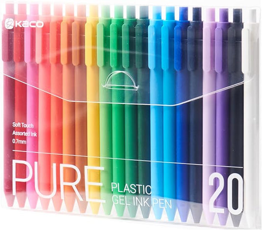 Kaco PURE Gel Pens 20 Pieces 0.7mm Assorted Color Ink Aesthetic Journaling Pens Cute, Retractable, Soft Touch Barrel, Quick Drying