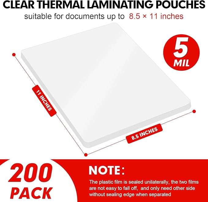 Laminating Sheets, 200 Pack Clear Thermal Laminating Plastic Paper Laminator Sheets, 9 x 11.5-Inch, 5mil, Ideal Office or School Supplies