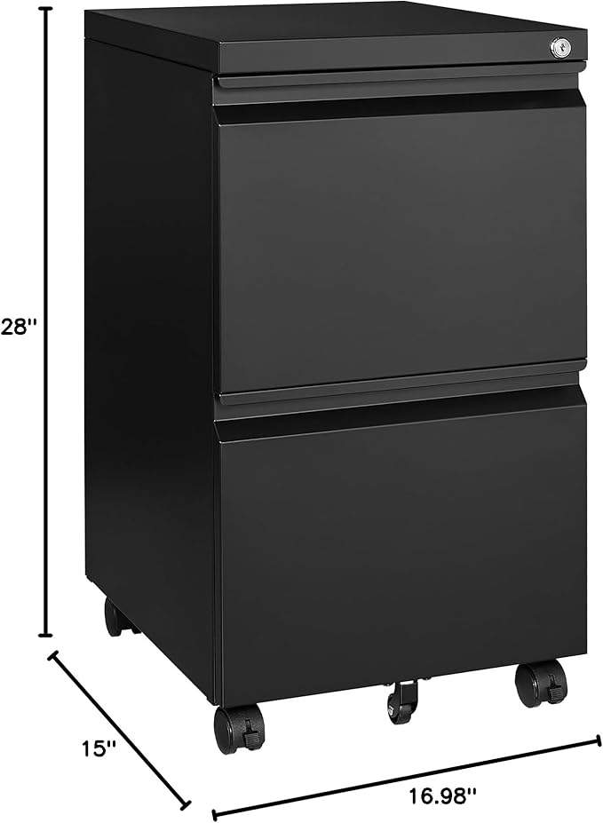 2 Drawer File Cabinet On Wheels Mobile Cabinet with Lock Under Desk Metal Filing Cabinet On Rollers Small Rolling File Cabinet Black Printer Stand for Home Office Fully Assembled