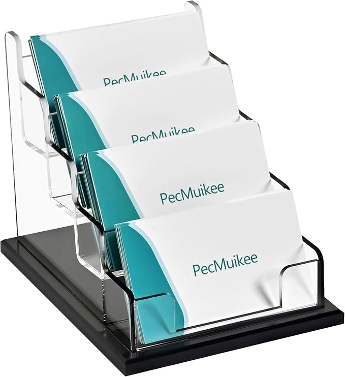 PecMuikee Business Card Holder for Desk，Acrylic Business Card Display Stand,Multiple Business Card Holders for Office, Exhibition, Home, Restaurant (4 Slot)