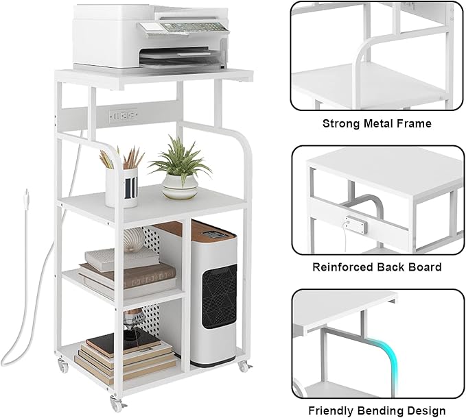 VEDECASA Mobile High Printer Stand with Power Outlet Charging Plugs USB Port Office Storage Shelf Includes Computer Tower CPU Stand Holder with Wheel (White)
