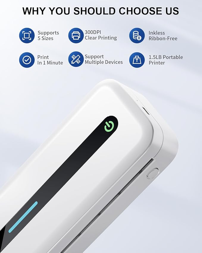 COLORWING M832 Portable Printers Wireless for Travel, 300DPI Mini Compact Inkless Printer, Thermal Bluetooth Printer Compatible with Android and iOS Smartphone & Tablet & Laptop - White