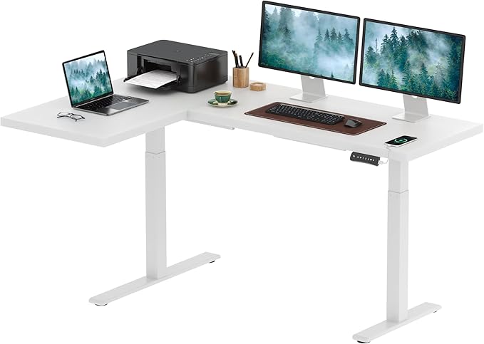 SANODESK 71-Inch Large Dual Motor L-Shaped Electric Height Adjustable Standing Desk - Reversible Panel - White Top/White Frame - Ideal for Gaming, Home Office or Computer Workstation