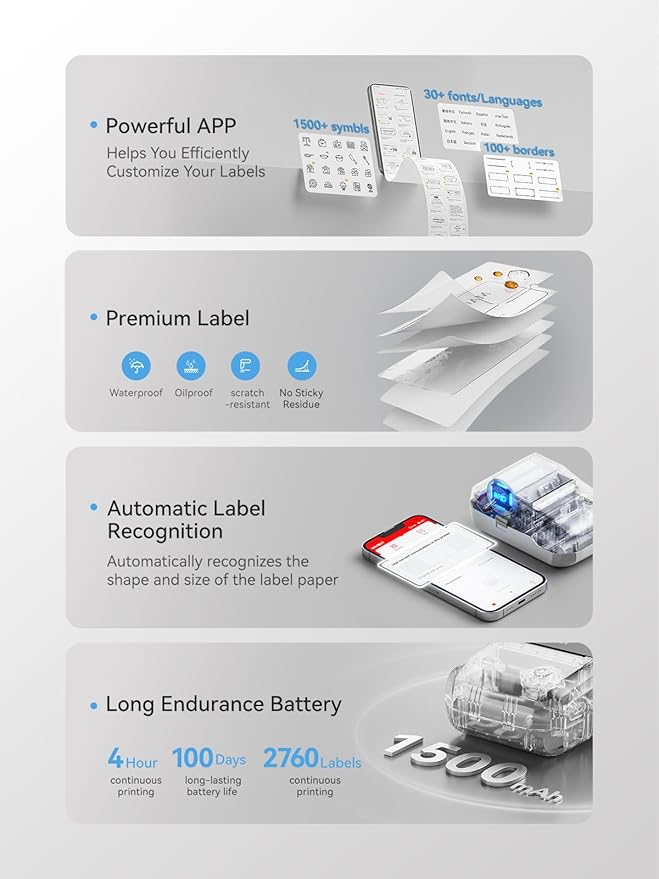 NIIMBOT B1 Bluetooth Label Maker Machine with Tape, Easy to Use, Large Waterproof Label, 2 Inch Portable Thermal Label Printer with Multiple Templates for Kitchen,Home, School, Small Business,Grey