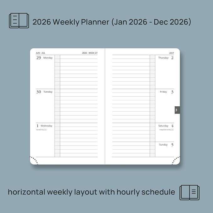 POPRUN Weekly Planner 2026 Calendar (Pocket 4'' x 6.25'') 12 Months Notebook with Horizontal Layout, Leather Hardcover, Inner Pocket, 100GSM Thick Paper, Pen Holder TJ - Midnight Green
