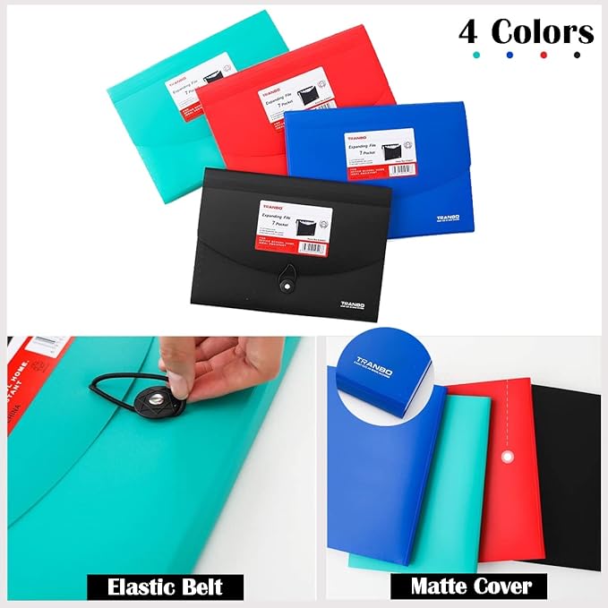 4 Pack 7 Pockets Accordion File Organizer, TRANBO Letter Size/A4 Expanding File Folder with Index Tabs, Expandable Plastic Document Organizer for Business Travel School Office Home