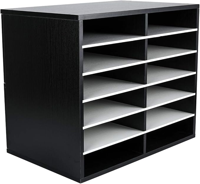 EasyPAG Mail Organizer Countertop, Wood Literature Organizer, Student Classroom Mailbox for School, Desktop Paper Sorter for Office Home, 12 Compartments, Black/White