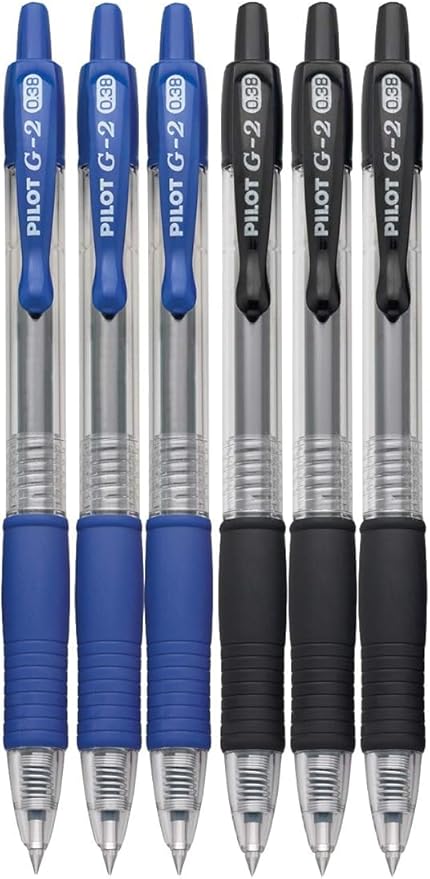 G2 Retractable Premium Gel Ink Roller Ball Pens Ultra Fine Point (.38mm) Black/Blue Ink 6 pack; Refillable & Premium Comfort Grip Bundle with Plastic Reusable Pouch