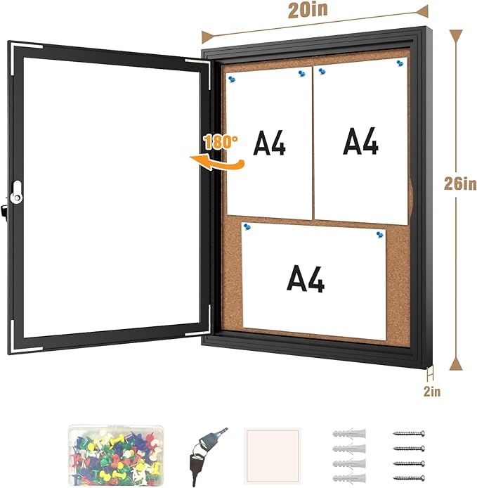 26"x20" Enclosed Bulletin Board, Outdoor Lockable Weather-Resistant Aluminum Cork Noticeboard for School & Office, Silver Frame w/Black Flet