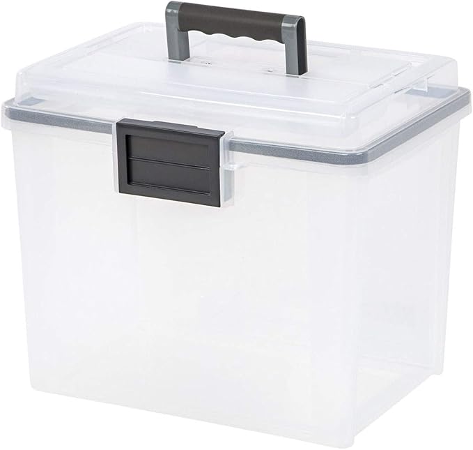 IRIS USA File Box WeatherPro Portable File Organizer Plastic File Box for Letter File w/ Organizer-Lid, Durable Lid and Gasket Seal, Secure Latching Buckles, Stackable, Lockable, Clear 19 Qt. 4 Pack