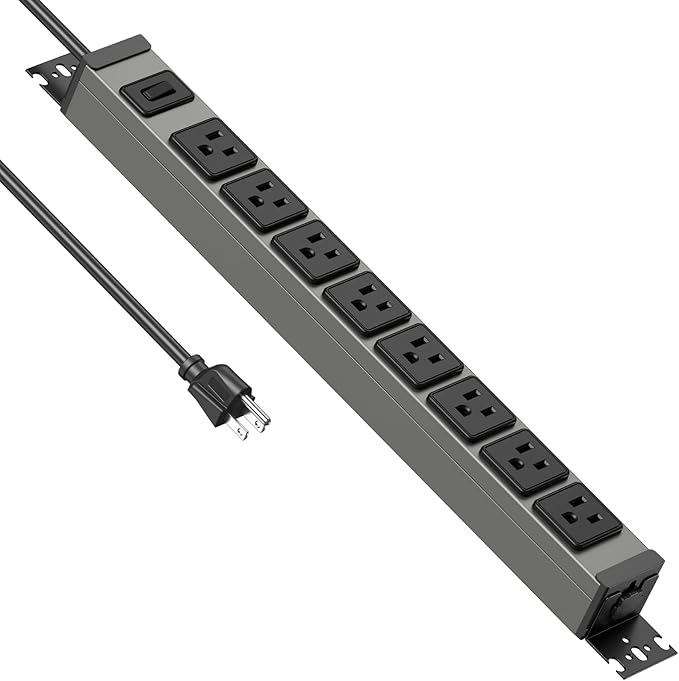 JUNNUJ Heavy Duty Power Strip 8 Outlet Wall Mount, Metal 20 Amp Surge Protector 1200J, Garage Industrial Outlets 6-20R T-Slot, 6FT 12AWG Extension Cord.