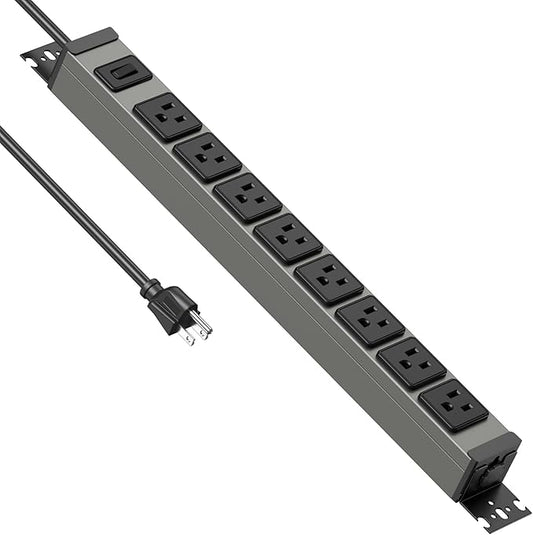JUNNUJ Heavy Duty Power Strip 8 Outlet Wall Mount, Metal 20 Amp Surge Protector 1200J, Garage Industrial Outlets 6-20R T-Slot, 6FT 12AWG Extension Cord.