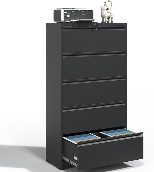 5 Drawer Lateral File Cabinet, Metal Filing Cabinets for Home Office, Steel Storage Wide File Cabinet for Letter/Legal/F4/A4 Size with Hanging Bars, Assembly Required (Black)