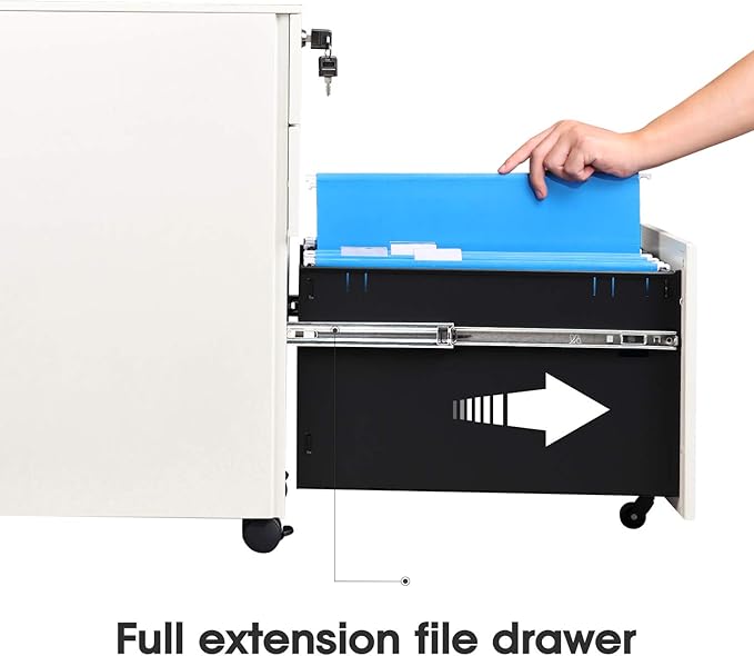 DEVAISE 3 Drawer Rolling File Cabinet, Locking Filing Cabinet for Home Office, Fully Assembled Under Desk Cabinet, White